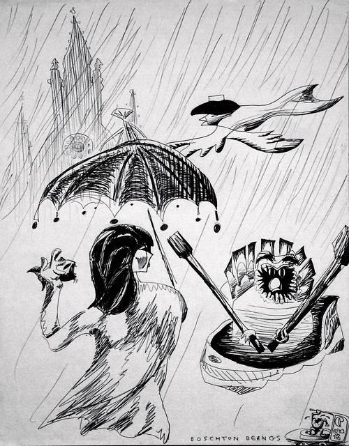 Rainy surreal day in Boston; owl rowing boat; ink sketch by Wayan. Click to enlarge.