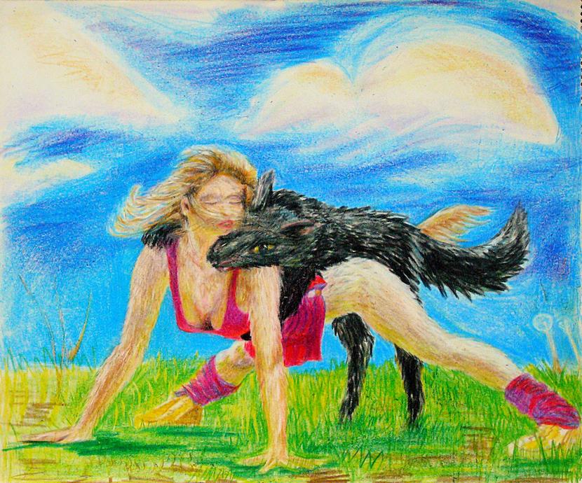 A werewolf girl mating with her wolf boyfriend; crayon sketch by Wayan. Click to enlarge.