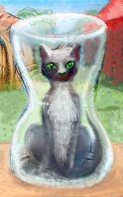 Dream image: green-eyed cat inside an hourglass.