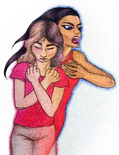 Drawing of Emily Joy, in jeans and red shirt, eyes shut, arms crossed; her fierce alter ego Errane springs from her body.