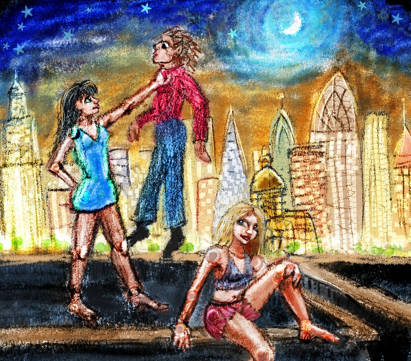 Two robot girls and I ride the rails through a city at night. Dream sketch by Wayan. Click to enlarge.