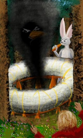 Bugs Bunny lures Daffy Duck into his cyclotron. Sketch of a dream, 'Bugs and Roosevelt', by Wayan. Click to enlarge.