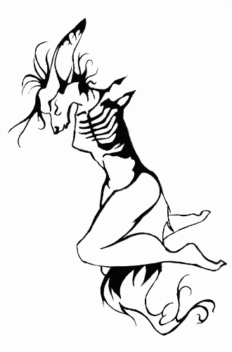 Line drawing of a furry girl with opened ribcage lying dead on her side.