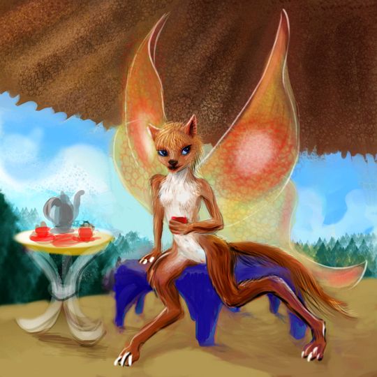 A butterfly-wolf-girl drinks tea in our mushroom-hotel; dream painting by Wayan. Click to enlarge.