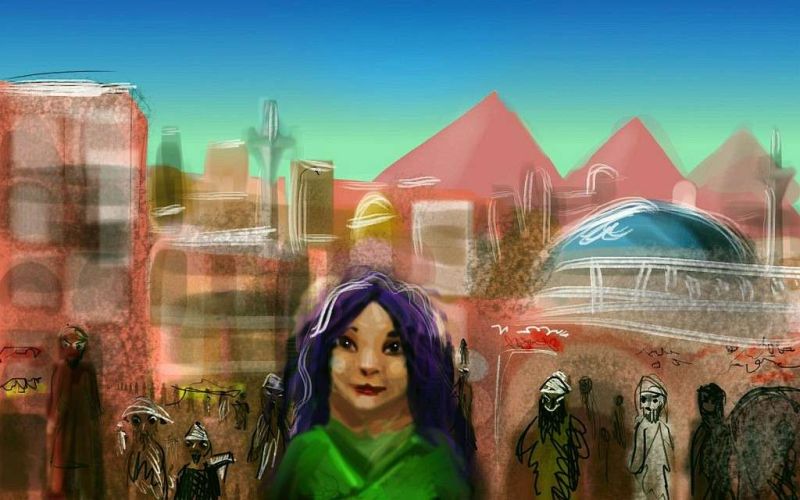 A purple-haired girl on the angry streets of pre-Uprising Cairo? Sketch of a dream by Wayan. Click to enlarge.