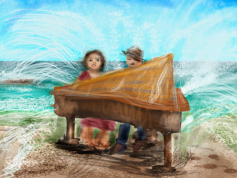 Film director Jane Campion at a piano being drenched in surf. Dream sketch by Wayan.