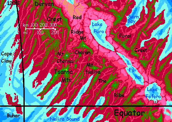 Map of the eastern Arch, a corrugated spreading zone on Capsica, a small world hotter and drier than Earth.
