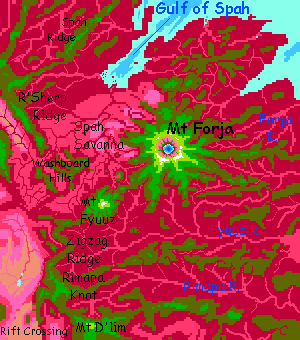 Map of Mt Forja in the eastern Arch, on Capsica, a hot planet.