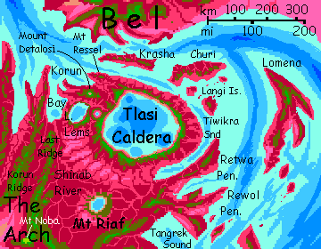 Map of Tlasi Caldera, a flooded shield volcano in the Northeast Arch, on Capsica, a small world hotter and drier than Earth.