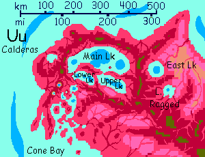Map of the Uu Caldera in the southwestern Arch, a spreading zone and riftvalley on Capsica, a small world hotter and drier than Earth.