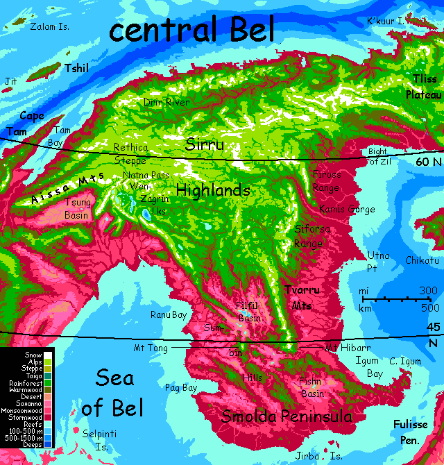 Map of central Bel, a sprawling subarctic continent on Capsica, a small world hotter & drier than Earth.