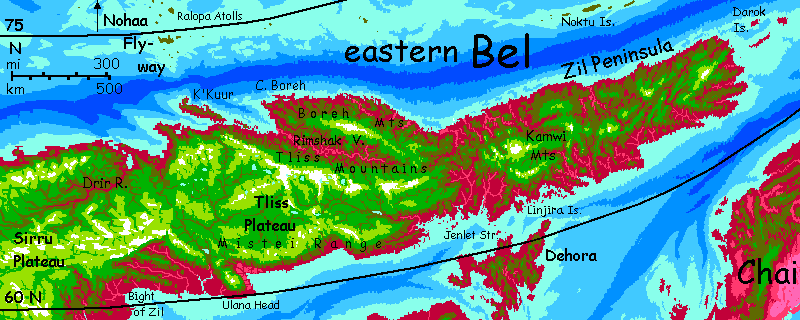 Map of eastern Bel, a sprawling subarctic continent on Capsica, a small world hotter & drier than Earth.