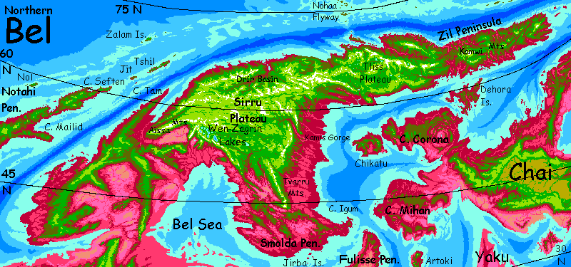 Map of northern Bel, a sprawling subarctic continent on Capsica, a small world hotter & drier than Earth.