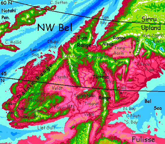 Map of northwest Bel, a sprawling subarctic continent on Capsica, a small world hotter & drier than Earth.