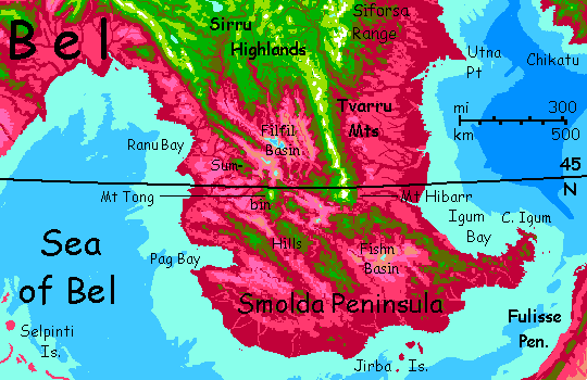 Map of Smolda Peninsula, south-central Bel, a subarctic continent on Capsica, a world hotter & drier than Earth.