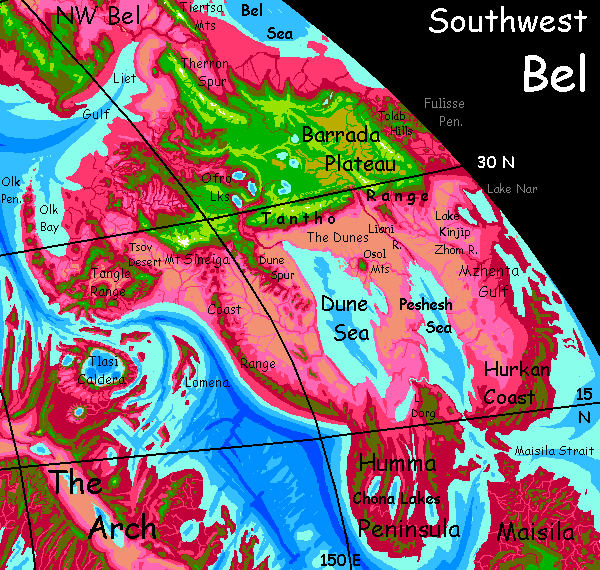 Map of southwest Bel, a continent on Capsica, a small world hotter & drier than Earth.