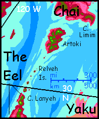 Locaction map of Artoki, a volcanic island between western Chai and the northern Eel, on Capsica, a small world hotter and drier than Earth.