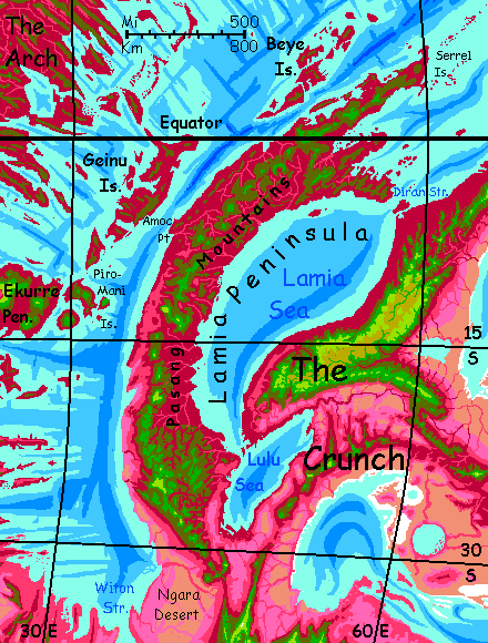 Map of the Lamia Peninsula, an equatorial volcanic arc off the NW Crunch, on Capsica, a small world hotter and drier than Earth.