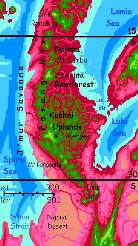 Map of the southern Lamia Peninsula, an equatorial volcanic arc off the NW Crunch, on Capsica, a small world hotter and drier than Earth.