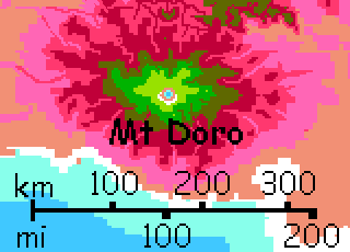 Map of Doro Massif, a shield volcano in the western Crunch, on Capsica, a small world hotter and drier than Earth.