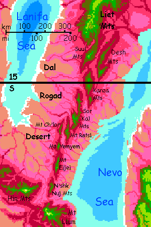 Map of northern Droom Desert in the western Crunch, on Capsica, a small world hotter and drier than Earth.