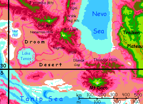 Map of southern Droom Desert in the western Crunch, on Capsica, a small world hotter and drier than Earth.