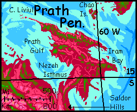 Map of the Prath Peninsula, a tortured wedge east of the Eel, on Capsica, a small world hotter and drier than Earth.