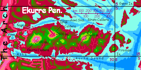 Map of the Ekurre Mts, a shield volcano chain on Capsica, a hot planet.