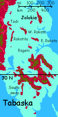 Map of the Tabaska Isles, shield volcanoes rising from shallow water on Capsica, a small world hotter and drier than Earth.