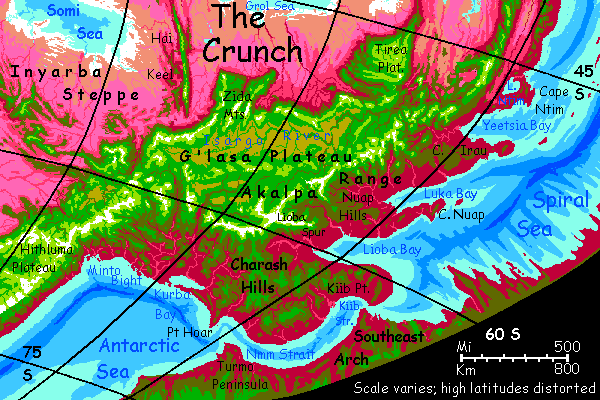 Map of the G'lasa Highland of the SE Crunch, on Capsica, a hot planet.