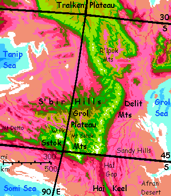 Map of Grol Plateau in the central Crunch on Capsica, a model of a hot world.