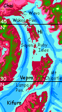 Map of Hi and Vepra, mountainous New Zealand-like islands linking the continents of Chai and Kifura, on Capsica, a small world hotter and drier than Earth.