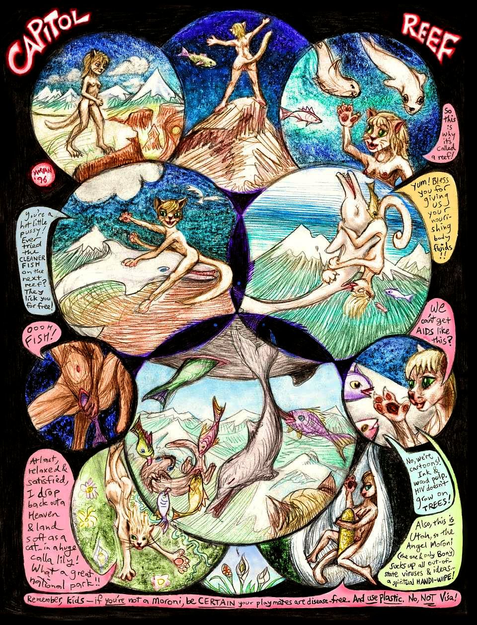 Comics page: I'm a catgirl wandering Capitol Reef, a coral reef in a desert valley between snowy peaks. Fish, seals and dolphins swim in mid-air! We all visit a cleaner-station where fish lick and suck us. I worry about HIV but the cleaners reassure us we're all paper and ink