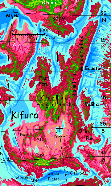 Map of Kifura, a large equatorial continent on Capsica, a small world hotter and drier than Earth.