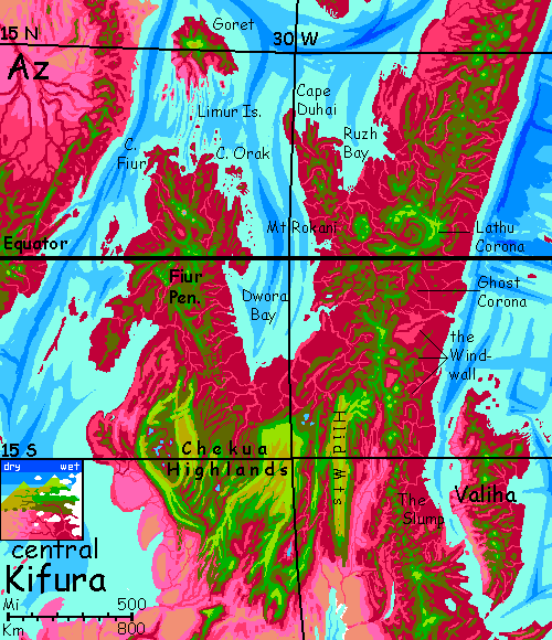 Map of north-central Kifura, a large equatorial continent on Capsica, a small world hotter and drier than Earth.