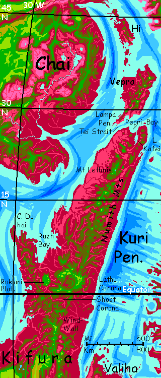 Map of northern Kifura, a large equatorial continent on Capsica, a small world hotter and drier than Earth.