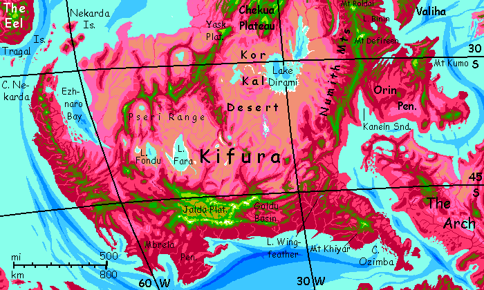 Map of southern Kifura, a large equatorial continent on Capsica, a small world hotter and drier than Earth.