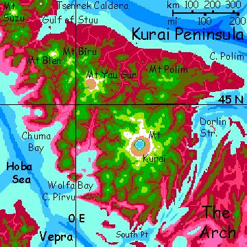 Map of the Kurai Mountains, a chain of shield volcanoes like Hawaii but in shallow water, on Capsica, a small world hotter and drier than Earth.