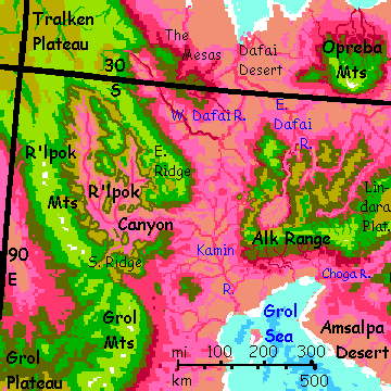 Map of SW tip of Lindara Plateau in the eastern Crunch, on Capsica, a model of a hot world.