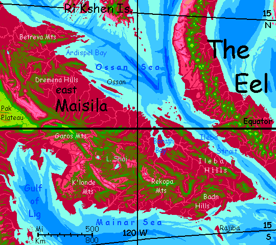 Map of eastern Maisila, a tropical subcontinent on Capsica, a small world hotter and drier than Earth.