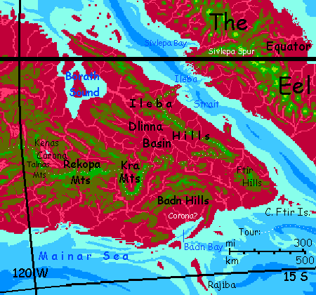 Map of East Maisila & Ileba Strait on Capsica, a hot planet.