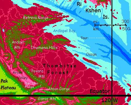 Map of Thombitse Rainforest, east Maisila, on Capsica, a hot planet.