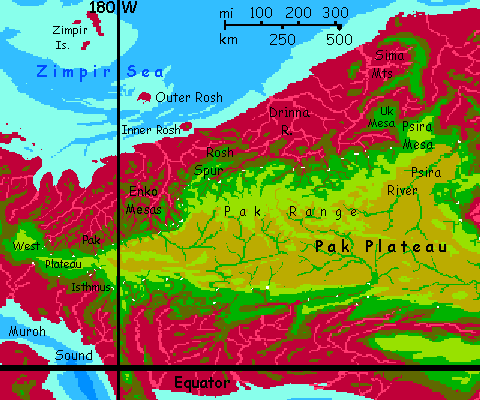Map of northwest Maisila, a jungle peninsula on Capsica, a small world hotter and drier than Earth.