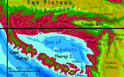 Map of the Sea of Tsokohoto off southwest Maisila, on Capsica, a hot planet.