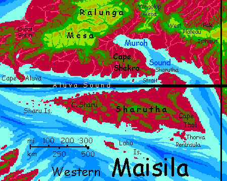 Map of Shautha off southwest Maisila, a jungle peninsula on Capsica, a small world hotter and drier than Earth.