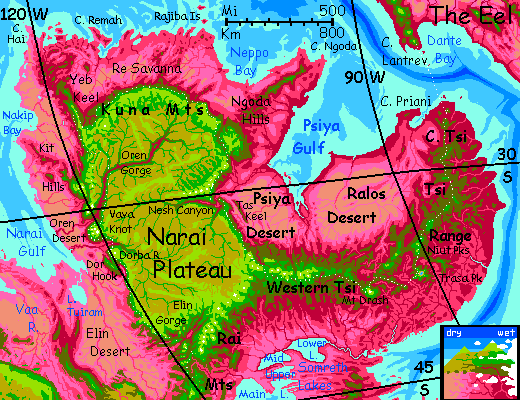 Map of Narai Peninsula, a subcontinent on Capsica, a small world hotter and drier than Earth.