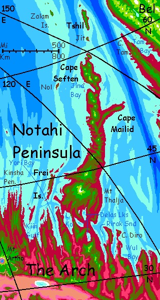 Map of Notahi, a shield-volcano chain forming a peninsula on Capsica, a hot planet.