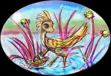 A birdlike Capsican harvesting marsh-reeds with scissors, on Capsica, a hot planet.