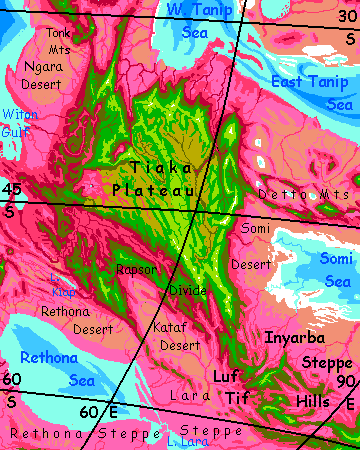 Map of Tiaka Upland and Rethona Sea in the southwestern Crunch, on Capsica, a hot world.