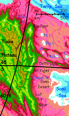 Map of eastern Tiak Plateau, southwestern Crunch, on Capsica, a small world hotter and drier than Earth.